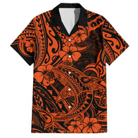 Orange and black tropical Hawaiian button-up shirt with floral and tribal print