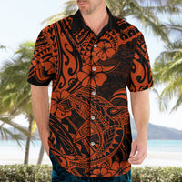 Orange and black tropical Hawaiian short-sleeve button-up shirt with floral and tribal print
