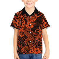 Orange and black tropical Hawaiian shirt for kids, short-sleeve button-up with floral print