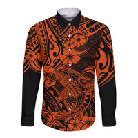 Hawaii Shark Long Sleeve Button Shirt Polynesian Pattern Orange Version - Wonder Print Shop