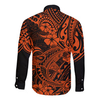 Hawaii Shark Long Sleeve Button Shirt Polynesian Pattern Orange Version - Wonder Print Shop