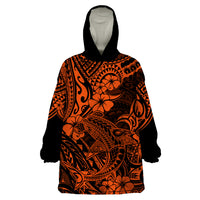 Hawaii Shark Wearable Blanket Hoodie Polynesian Pattern Orange Version - Wonder Print Shop