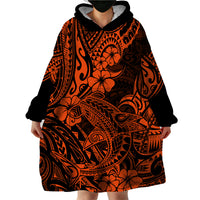 Hawaii Shark Wearable Blanket Hoodie Polynesian Pattern Orange Version - Wonder Print Shop