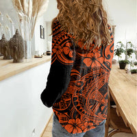 Hawaii Shark Women Casual Shirt Polynesian Pattern Orange Version - Wonder Print Shop