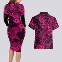 Hawaii Shark Couples Matching Long Sleeve Bodycon Dress and Hawaiian Shirt Polynesian Pattern Pink Version - Wonder Print Shop