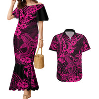 Hawaii Shark Couples Matching Mermaid Dress and Hawaiian Shirt Polynesian Pattern Pink Version - Wonder Print Shop