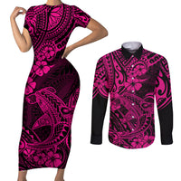 Hawaii Shark Couples Matching Short Sleeve Bodycon Dress and Long Sleeve Button Shirts Polynesian Pattern Pink Version - Wonder Print Shop