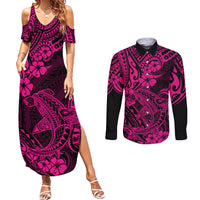 Hawaii Shark Couples Matching Summer Maxi Dress and Long Sleeve Button Shirts Polynesian Pattern Pink Version - Wonder Print Shop