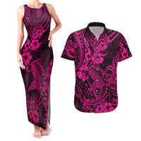 Hawaii Shark Couples Matching Tank Maxi Dress and Hawaiian Shirt Polynesian Pattern Pink Version - Wonder Print Shop