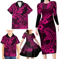 Hawaii Shark Family Matching Long Sleeve Bodycon Dress and Hawaiian Shirt Polynesian Pattern Pink Version - Wonder Print Shop