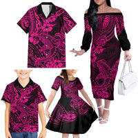 Hawaii Shark Family Matching Off Shoulder Long Sleeve Dress and Hawaiian Shirt Polynesian Pattern Pink Version - Wonder Print Shop