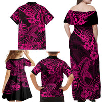 Hawaii Shark Family Matching Off Shoulder Maxi Dress and Hawaiian Shirt Polynesian Pattern Pink Version - Wonder Print Shop