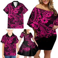 Hawaii Shark Family Matching Off Shoulder Short Dress and Hawaiian Shirt Polynesian Pattern Pink Version - Wonder Print Shop