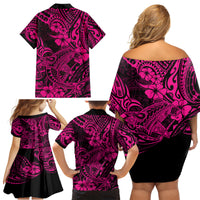 Hawaii Shark Family Matching Off Shoulder Short Dress and Hawaiian Shirt Polynesian Pattern Pink Version - Wonder Print Shop
