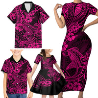 Hawaii Shark Family Matching Short Sleeve Bodycon Dress and Hawaiian Shirt Polynesian Pattern Pink Version - Wonder Print Shop