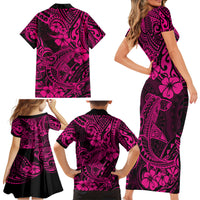 Hawaii Shark Family Matching Short Sleeve Bodycon Dress and Hawaiian Shirt Polynesian Pattern Pink Version - Wonder Print Shop