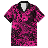 Pink and black Hawaiian button-up shirt with floral shark print, short sleeves, collar