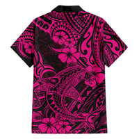 Pink and black Hawaiian button-up shirt with floral shark print on back, short sleeves