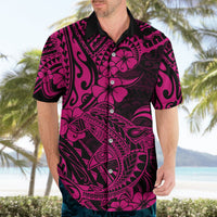 Pink and black Hawaiian button-up shirt with shark motif and floral print, short sleeves