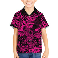 Kids pink and black Hawaiian button-up shirt with shark motif and floral print