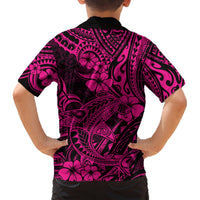 Pink and black Hawaiian button-up shirt with shark motif on back, short sleeves