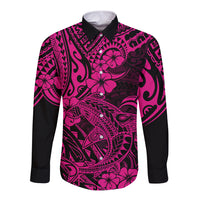 Hawaii Shark Long Sleeve Button Shirt Polynesian Pattern Pink Version - Wonder Print Shop