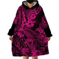Hawaii Shark Wearable Blanket Hoodie Polynesian Pattern Pink Version - Wonder Print Shop