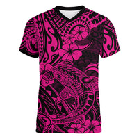 Hawaii Shark Women V Neck T Shirt Polynesian Pattern Pink Version - Wonder Print Shop