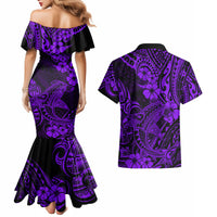 Hawaii Shark Couples Matching Mermaid Dress and Hawaiian Shirt Polynesian Pattern Purple Version - Wonder Print Shop