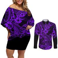 Hawaii Shark Couples Matching Off Shoulder Short Dress and Long Sleeve Button Shirts Polynesian Pattern Purple Version - Wonder Print Shop