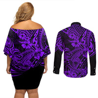 Hawaii Shark Couples Matching Off Shoulder Short Dress and Long Sleeve Button Shirts Polynesian Pattern Purple Version - Wonder Print Shop
