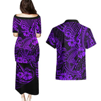 Hawaii Shark Couples Matching Puletasi Dress and Hawaiian Shirt Polynesian Pattern Purple Version - Wonder Print Shop