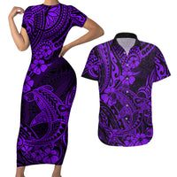 Hawaii Shark Couples Matching Short Sleeve Bodycon Dress and Hawaiian Shirt Polynesian Pattern Purple Version - Wonder Print Shop