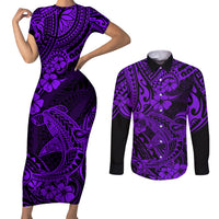 Hawaii Shark Couples Matching Short Sleeve Bodycon Dress and Long Sleeve Button Shirts Polynesian Pattern Purple Version - Wonder Print Shop