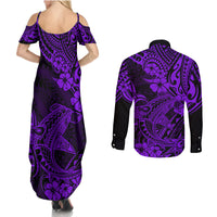 Hawaii Shark Couples Matching Summer Maxi Dress and Long Sleeve Button Shirts Polynesian Pattern Purple Version - Wonder Print Shop