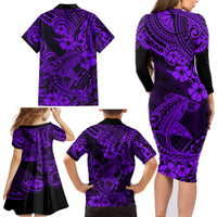 Hawaii Shark Family Matching Long Sleeve Bodycon Dress and Hawaiian Shirt Polynesian Pattern Purple Version - Wonder Print Shop