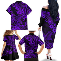 Hawaii Shark Family Matching Off Shoulder Long Sleeve Dress and Hawaiian Shirt Polynesian Pattern Purple Version - Wonder Print Shop