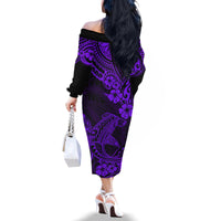 Hawaii Shark Family Matching Off Shoulder Long Sleeve Dress and Hawaiian Shirt Polynesian Pattern Purple Version - Wonder Print Shop