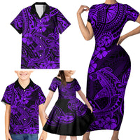 Hawaii Shark Family Matching Short Sleeve Bodycon Dress and Hawaiian Shirt Polynesian Pattern Purple Version - Wonder Print Shop