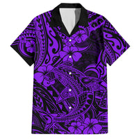 Purple and black short-sleeve button-up Hawaiian shirt with floral tribal pattern.