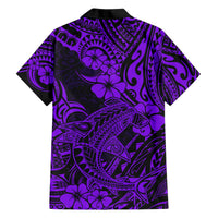 Purple and black short-sleeve Hawaiian shirt with all-over tribal pattern.