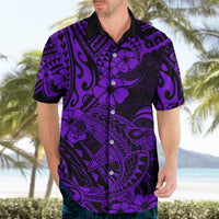 Men's purple and black Hawaiian shirt, short sleeves, open collar, button placket.