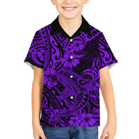 Kids purple and black Hawaiian shirt with pointed collar and purple floral tribal print.