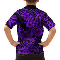 Back view of kids purple and black Hawaiian shirt with all-over tribal floral pattern.