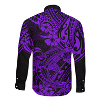 Hawaii Shark Long Sleeve Button Shirt Polynesian Pattern Purple Version - Wonder Print Shop