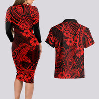 Hawaii Shark Couples Matching Long Sleeve Bodycon Dress and Hawaiian Shirt Polynesian Pattern Red Version - Wonder Print Shop