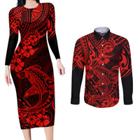 Hawaii Shark Couples Matching Long Sleeve Bodycon Dress and Long Sleeve Button Shirts Polynesian Pattern Red Version - Wonder Print Shop