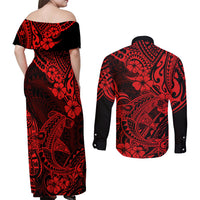 Hawaii Shark Couples Matching Off Shoulder Maxi Dress and Long Sleeve Button Shirts Polynesian Pattern Red Version - Wonder Print Shop