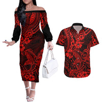 Hawaii Shark Couples Matching Off The Shoulder Long Sleeve Dress and Hawaiian Shirt Polynesian Pattern Red Version - Wonder Print Shop