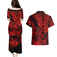 Hawaii Shark Couples Matching Puletasi Dress and Hawaiian Shirt Polynesian Pattern Red Version - Wonder Print Shop